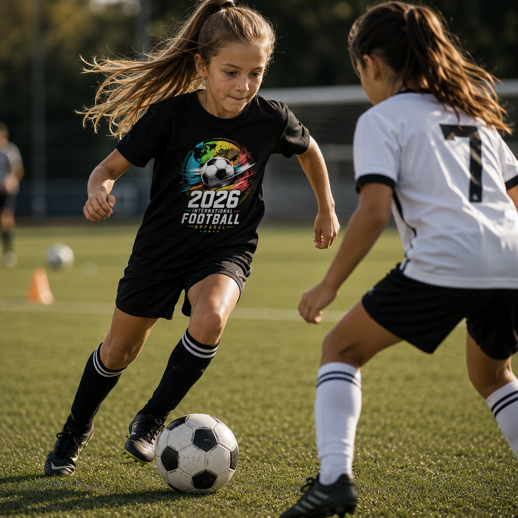 2026 football t-shirt, international football shirt, kids soccer t-shirt, girls soccer shirt, youth football clothing, football graphic tee, soccer training shirt, black kids t-shirt, football fan apparel, soccer lover shirt, girls sports t-shirt, unisex kids clothing, colorful football design, soccer ball graphic tee, international tournament shirt, football 2026 apparel, match day outfit, game day t-shirt, soccer practice clothing, youth soccer fashion, active kids clothing, sporty girls shirt, football b