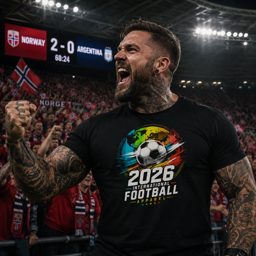 2026 international football shirt, football world championship t-shirt, Norway football fan shirt, Norway supporter tee, international soccer graphic shirt, football stadium outfit, match day fan apparel, men’s football t-shirt, Norway vs Argentina shirt, football tournament 2026 tee, soccer lover gift, muscular football fan outfit, alternative sports fashion, rock style football shirt, black football graphic tee, international football apparel, stadium supporter shirt, football championship merch, soccer f