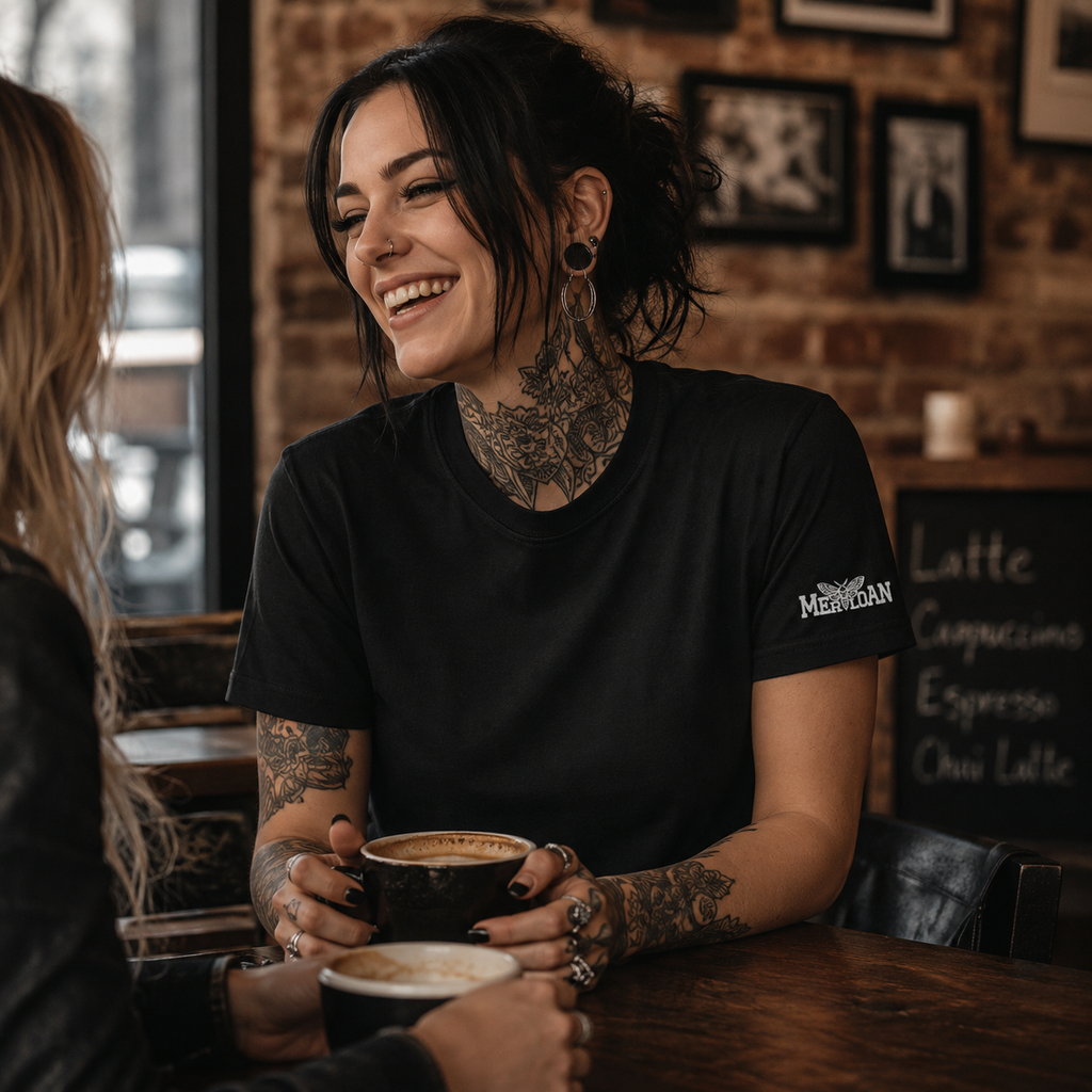 black logo sleeve t-shirt, Merloan logo shirt, white sleeve print t-shirt, minimalist black tee, alternative women’s fashion, rock style women’s t-shirt, black basic t-shirt, subtle logo shirt, café outfit women, alternative café style, rock streetwear women, black casual tee, printed sleeve logo, Merloan basic shirt, gothic casual clothing, monochrome streetwear, women’s black t-shirt, alternative everyday outfit, rock inspired fashion, minimalist streetwear women, premium logo t-shirt, black unisex tee, c