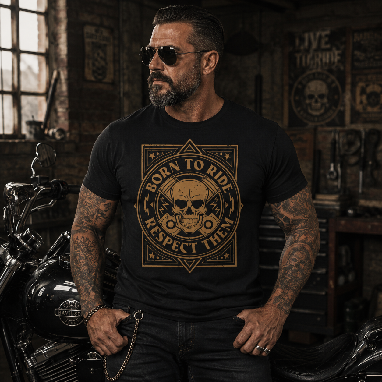 Born to Ride t-shirt, biker skull t-shirt, motorcycle graphic tee, Harley style shirt, rock biker fashion, alternative men’s t-shirt, black graphic tee men, skull motorcycle shirt, biker lifestyle clothing, muscular men’s streetwear, vintage biker design, motorcycle lover gift, rock and roll t-shirt, outlaw biker style, dark graphic shirt, biker club inspired tee, skull and pistons shirt, rugged men’s fashion, motorcycle rally outfit, alternative biker clothing, black biker t-shirt, biker garage style, men’