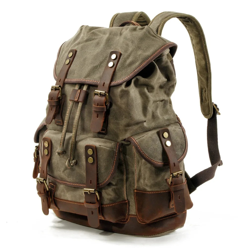 Vintage Waxed Canvas Backpack | 30L Festival Travel Rucksack with Leather Accents | Outdoor Hiking Backpack Merloan
