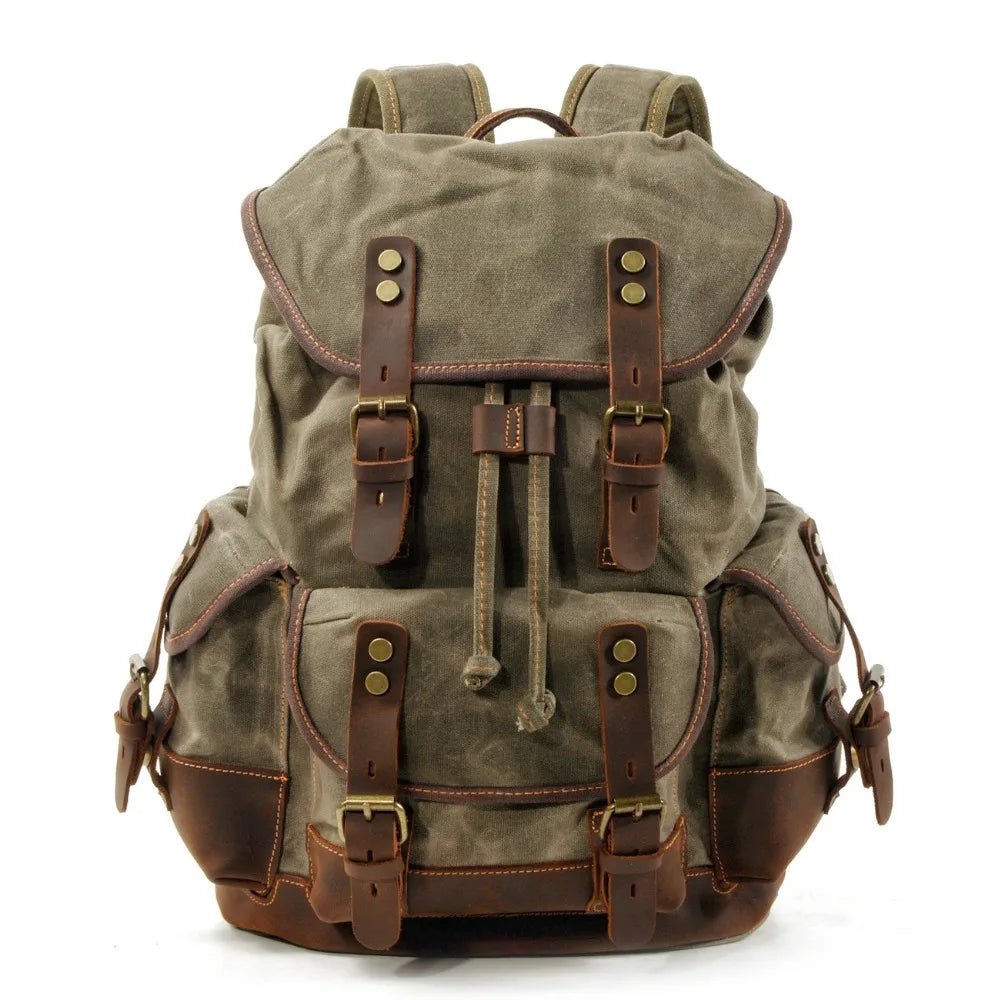 Vintage Waxed Canvas Backpack | 30L Festival Travel Rucksack with Leather Accents | Outdoor Hiking Backpack Merloan