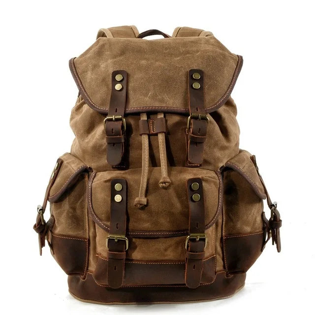 Vintage Waxed Canvas Backpack | 30L Festival Travel Rucksack with Leather Accents | Outdoor Hiking Backpack Merloan