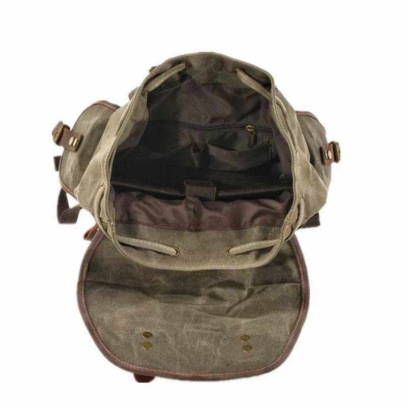 Vintage Waxed Canvas Backpack | 30L Festival Travel Rucksack with Leather Accents | Outdoor Hiking Backpack Merloan