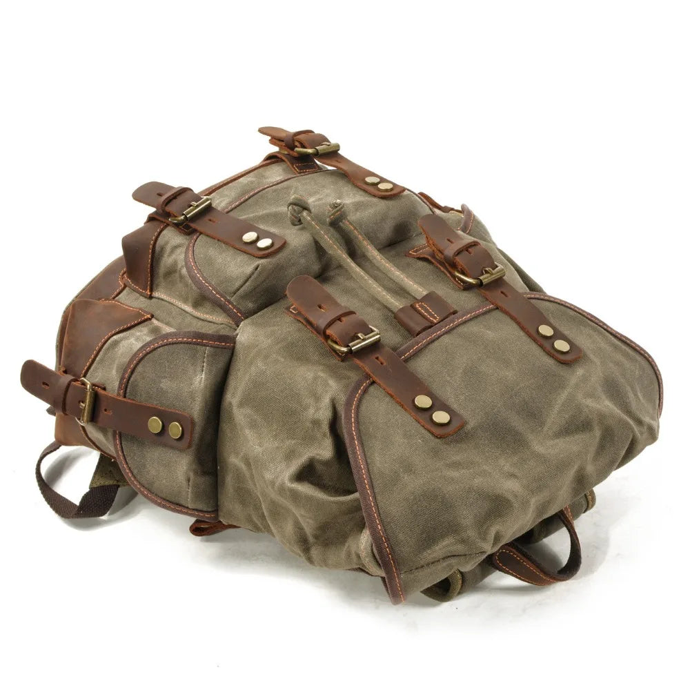Vintage Waxed Canvas Backpack | 30L Festival Travel Rucksack with Leather Accents | Outdoor Hiking Backpack Merloan