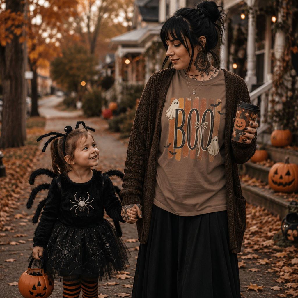 Halloween ghost t-shirt, boo graphic tee, cozy Halloween shirt, retro ghost t-shirt, autumn Halloween outfit, spooky season graphic tee, mom and daughter Halloween outfit, family Halloween shirt, cute ghost graphic shirt, cottagecore Halloween tee, fall neighborhood outfit, warm autumn fashion, vintage Halloween t-shirt, cozy spooky season clothing, trick or treat outfit, alternative mom style, Halloween walk outfit, brown graphic t-shirt, unisex ghost shirt, autumn family photo outfit