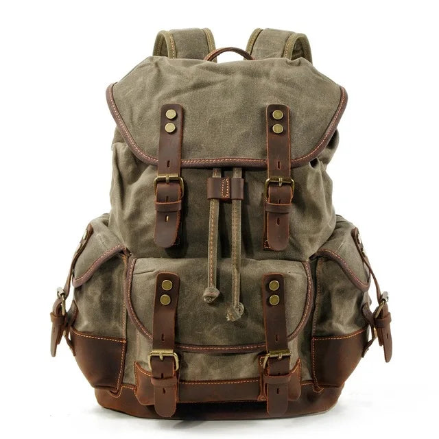 Vintage Waxed Canvas Backpack | 30L Festival Travel Rucksack with Leather Accents | Outdoor Hiking Backpack Merloan