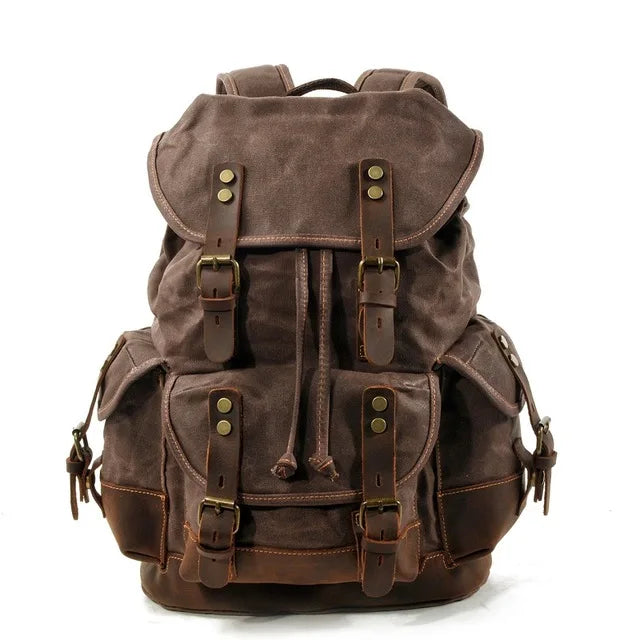 Vintage Waxed Canvas Backpack | 30L Festival Travel Rucksack with Leather Accents | Outdoor Hiking Backpack Merloan