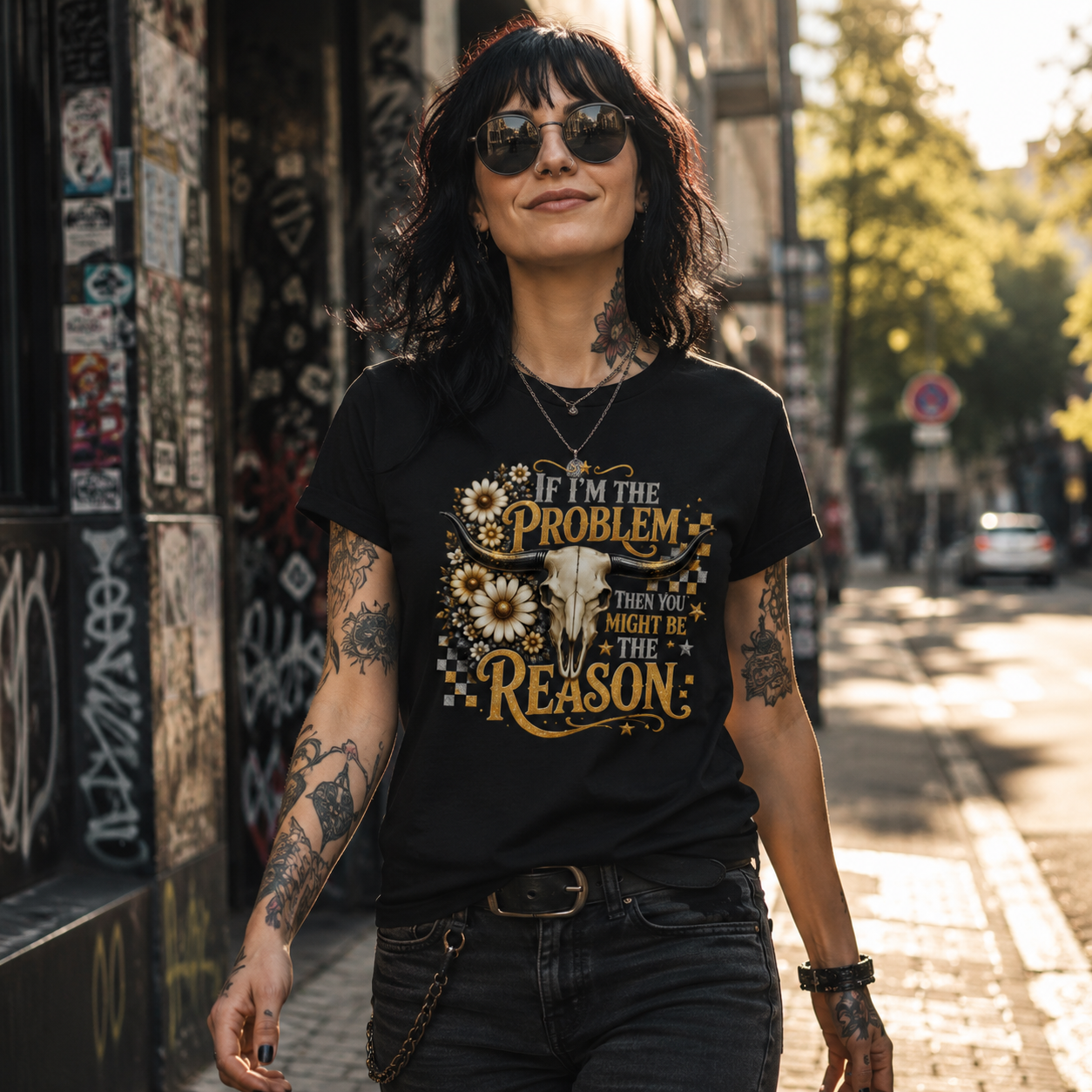 If I’m the Problem T-shirt, You Might Be the Reason shirt, cow skull T-shirt, floral cow skull shirt, longhorn skull graphic tee, Western quote T-shirt, sarcastic Western shirt, funny cow skull tee, bull skull T-shirt, country Western graphic shirt, cowgirl attitude shirt, bold statement T-shirt, rustic floral skull shirt, Wild West clothing, Southern style T-shirt, Western humor shirt, ranch lifestyle clothing, alternative country fashion, cow skull lover gift, Western gift for her, Western gift for him, h