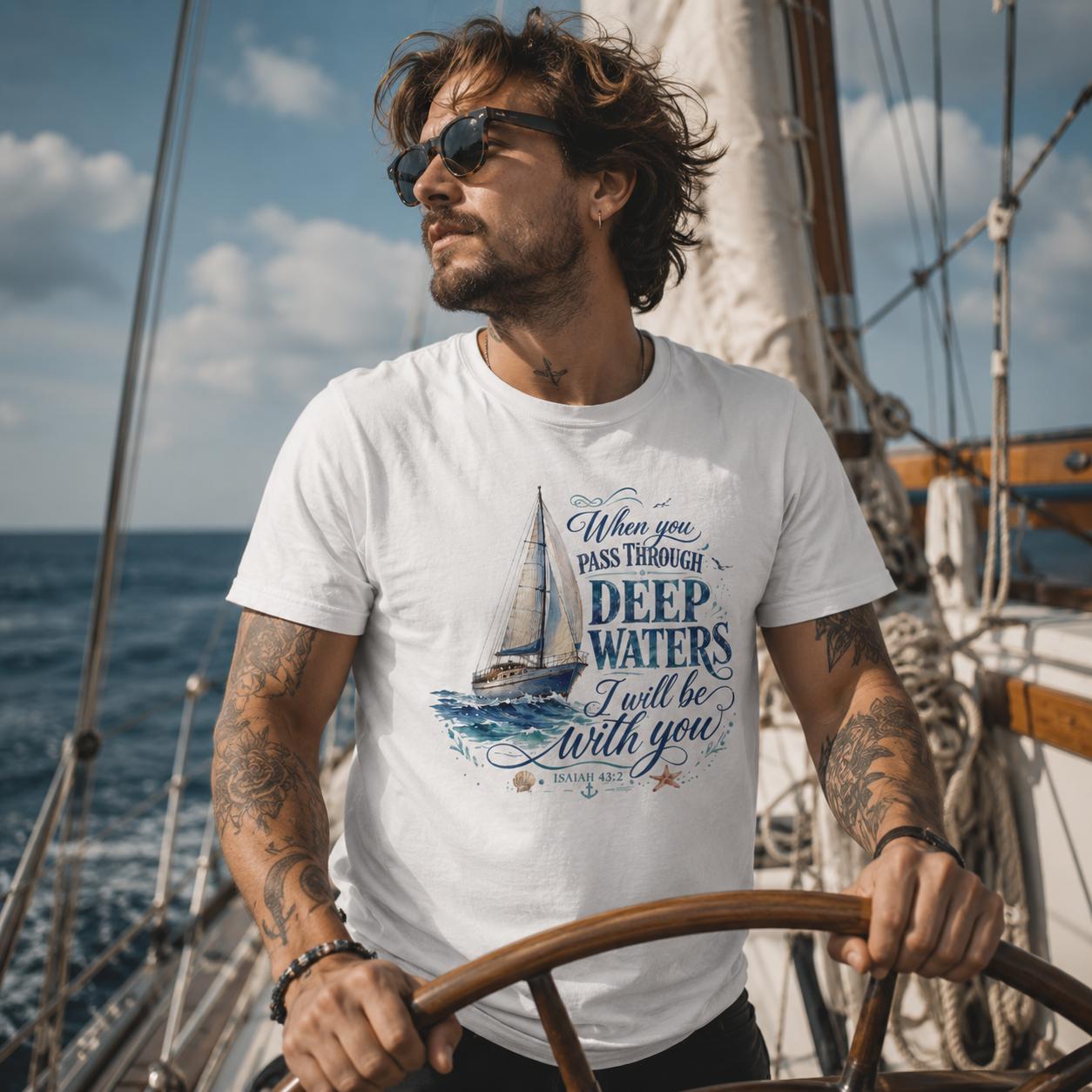 Isaiah 432 T-shirt, When You Pass Through Deep Waters shirt, Christian sailboat T-shirt, Bible verse graphic tee, faith over fear shirt, Christian nautical shirt, God is with you T-shirt, inspirational Christian clothing, scripture quote shirt, religious graphic tee, sailing faith T-shirt, ocean Bible verse shirt, Christian encouragement gift, faith based clothing, Christian gift for sailors, biblical quote T-shirt, spiritual nautical design, church gift shirt, Christian apparel, heavyweight cotton T-shirt,