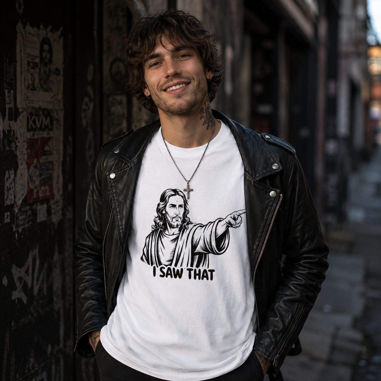 I saw that t-shirt, Jesus I saw that shirt, funny Jesus shirt, Christian humor t-shirt, faith based graphic tee, white graphic t-shirt men, alternative men’s fashion, rock style men’s shirt, cross necklace outfit, leather jacket outfit men, Christian meme shirt, Jesus pointing graphic tee, sarcastic faith shirt, funny religious t-shirt, spiritual humor shirt, black and white graphic tee, trustworthy casual outfit, friendly men’s fashion, alternative streetwear men, rock inspired casualwear, unique Christian