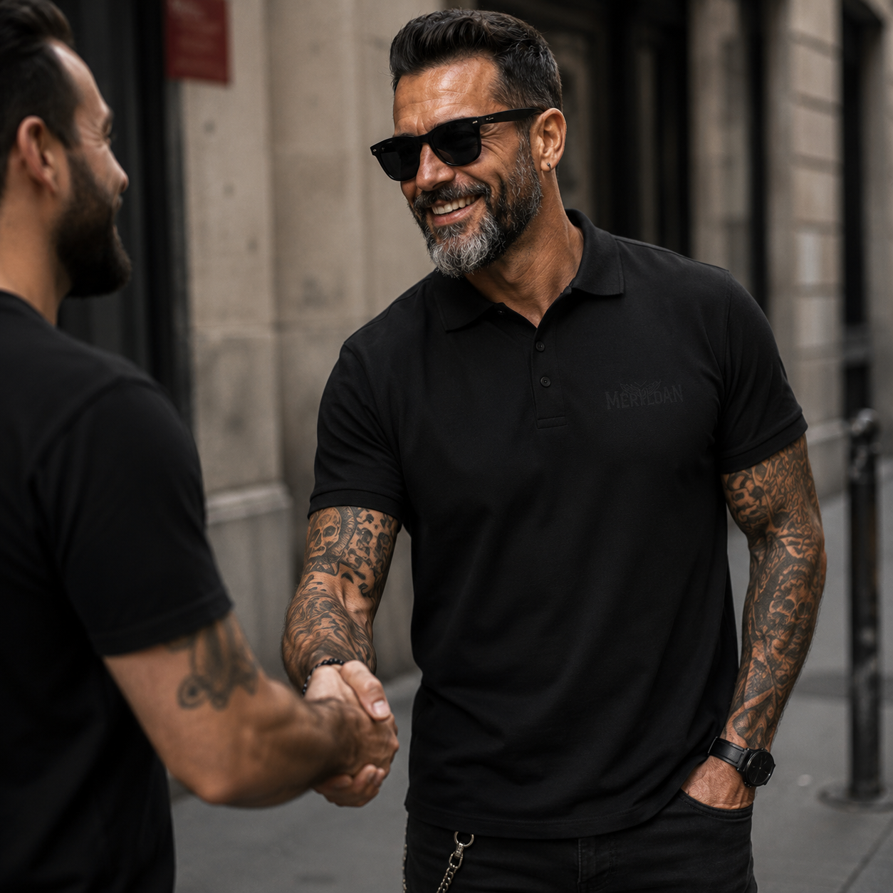 black polo shirt, embroidered logo polo, tonal logo polo shirt, black on black embroidery, Merloan polo shirt, men’s black polo, alternative men’s fashion, rock style polo shirt, premium embroidered polo, subtle chest logo shirt, minimalist black polo, smart casual alternative outfit, gothic polo shirt, rock inspired menswear, black piqué polo, urban alternative clothing, monochrome men’s fashion, casual business polo, alternative business casual, premium black shirt, understated logo polo, dark fashion bas