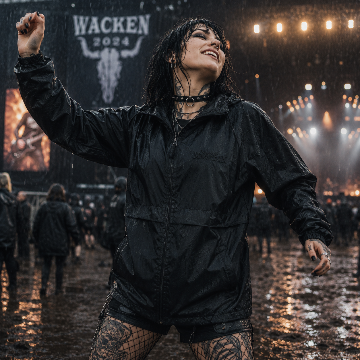 black windbreaker jacket, embroidered logo windbreaker, tonal logo jacket, alternative festival jacket, Wacken festival outfit, rock style women’s jacket, black rain jacket women, waterproof festival clothing, lightweight windbreaker, gothic streetwear jacket, metal festival fashion, alternative women’s outerwear, black embroidered jacket, subtle logo windbreaker, rainy festival outfit, rock concert clothing, urban alternative jacket, minimalist black windbreaker, women’s festival outerwear, casual gothic j