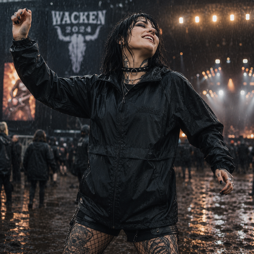 black windbreaker jacket, embroidered logo windbreaker, tonal logo jacket, alternative festival jacket, Wacken festival outfit, rock style women’s jacket, black rain jacket women, waterproof festival clothing, lightweight windbreaker, gothic streetwear jacket, metal festival fashion, alternative women’s outerwear, black embroidered jacket, subtle logo windbreaker, rainy festival outfit, rock concert clothing, urban alternative jacket, minimalist black windbreaker, women’s festival outerwear, casual gothic j