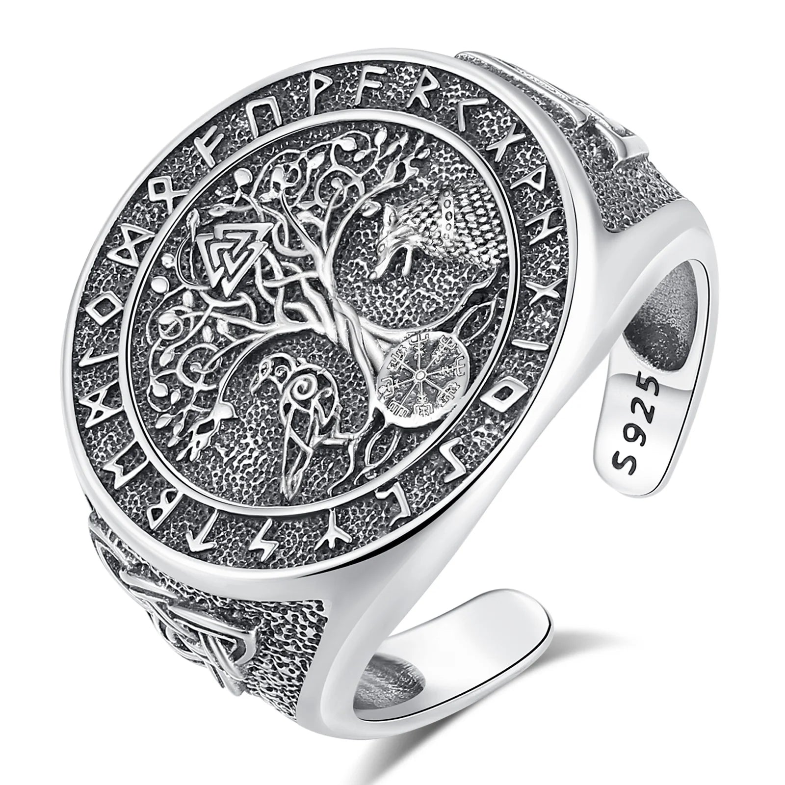 925 Sterling Silver Viking Ring – Yggdrasil, Vegvisir, Raven & Wolf | Adjustable Norse Ring