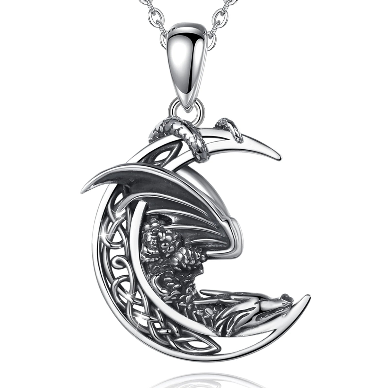 925 Sterling Silver Dragon Moon Necklace – Celtic Fantasy Pendant