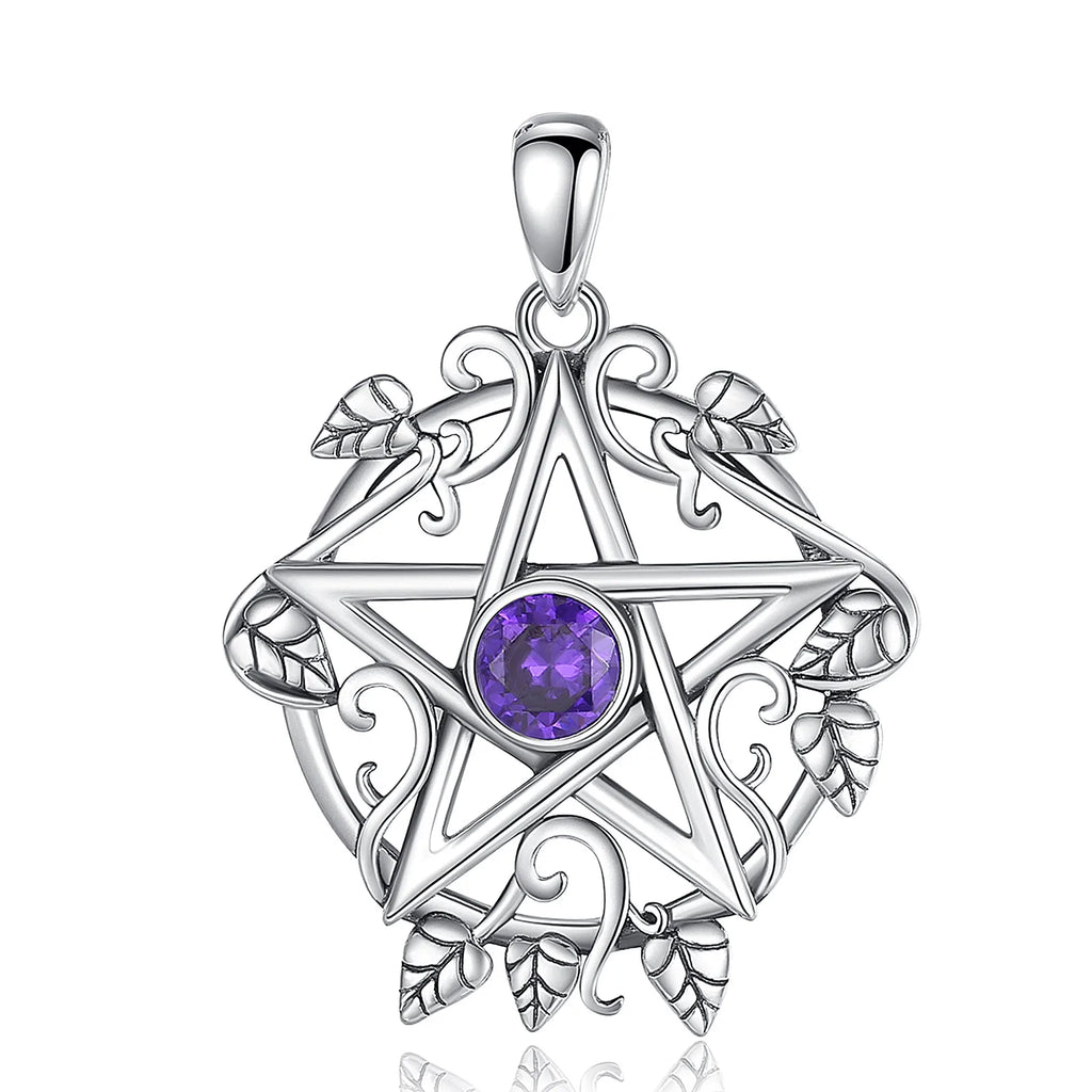 925 Sterling Silver Pentagram Leaf Necklace – Purple Crystal Witch Pendant