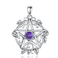 925 Sterling Silver Pentagram Leaf Necklace – Purple Crystal Witch Pendant