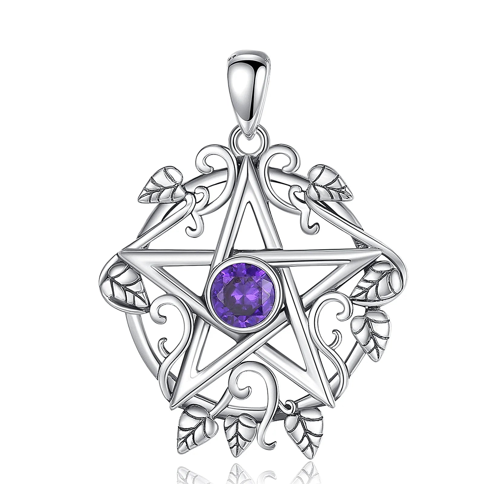 925 Sterling Silver Pentagram Leaf Necklace – Purple Crystal Witch Pendant