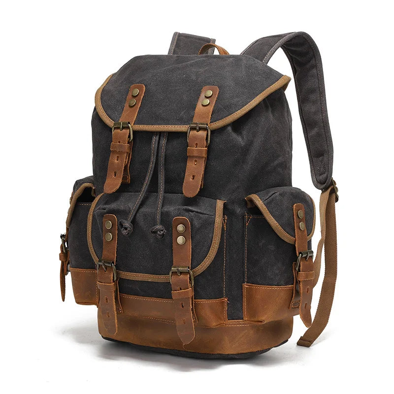 Vintage Waxed Canvas Backpack | 30L Festival Travel Rucksack with Leather Accents | Outdoor Hiking Backpack Merloan