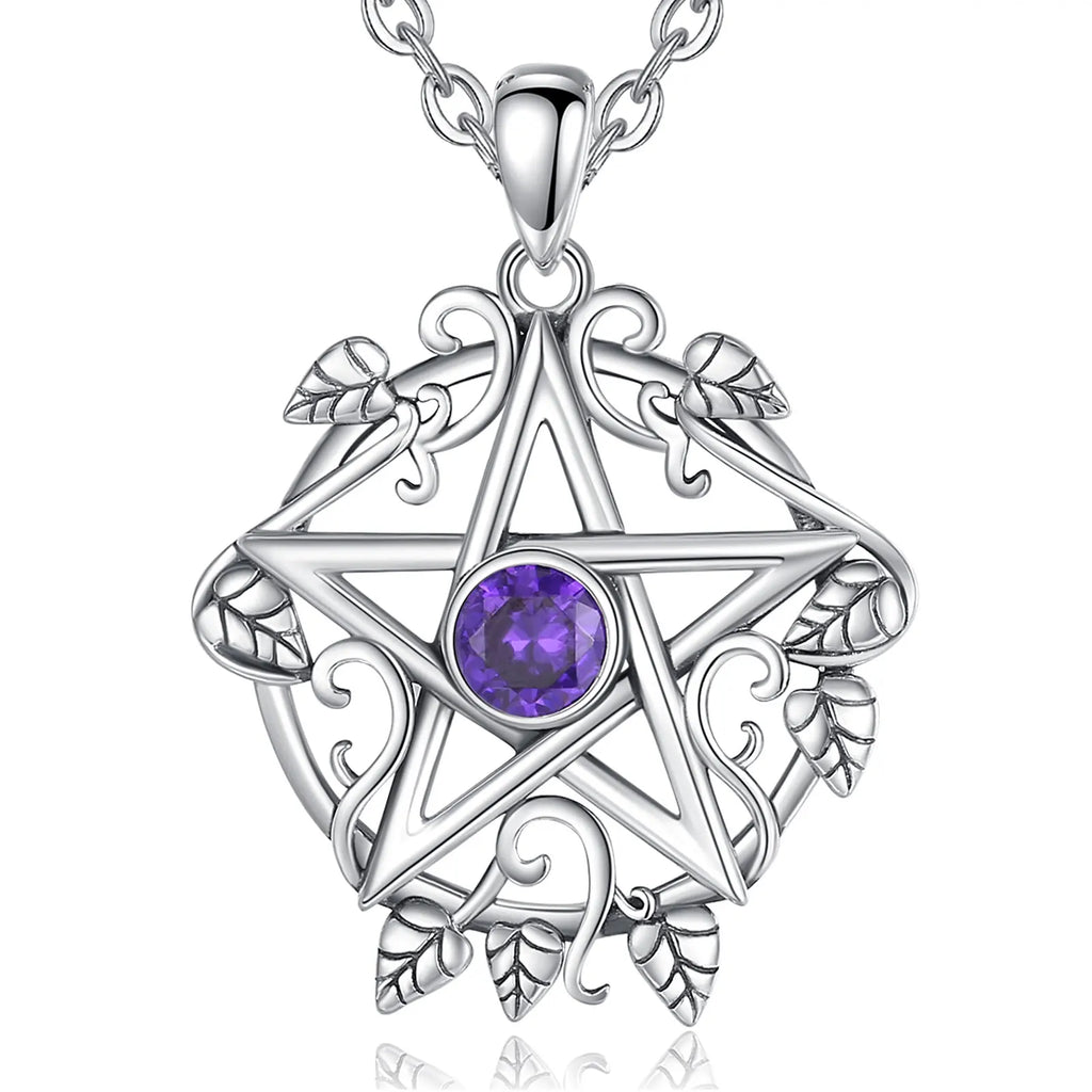 925 Sterling Silver Pentagram Leaf Necklace – Purple Crystal Witch Pendant