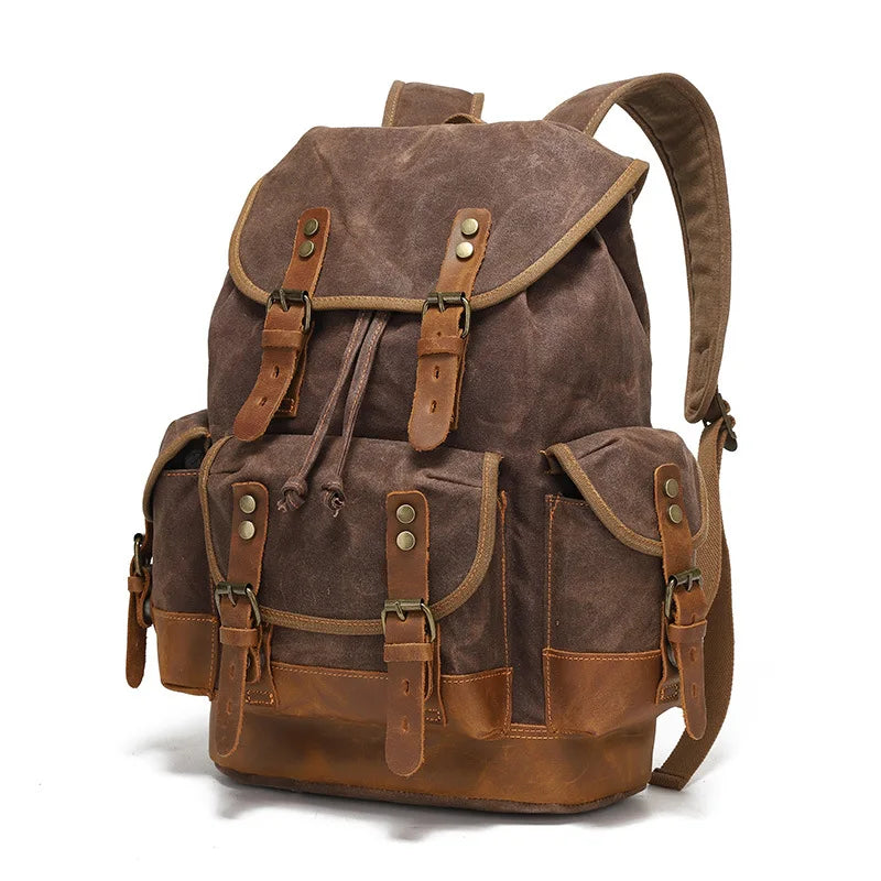 Vintage Waxed Canvas Backpack | 30L Festival Travel Rucksack with Leather Accents | Outdoor Hiking Backpack Merloan