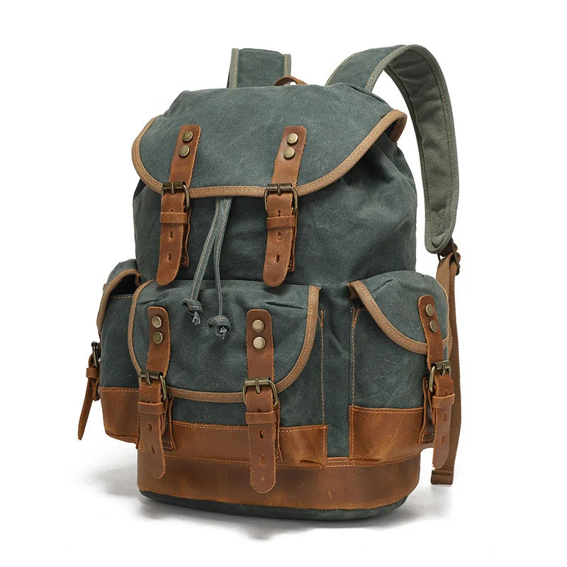 Vintage Waxed Canvas Backpack | 30L Festival Travel Rucksack with Leather Accents | Outdoor Hiking Backpack Merloan