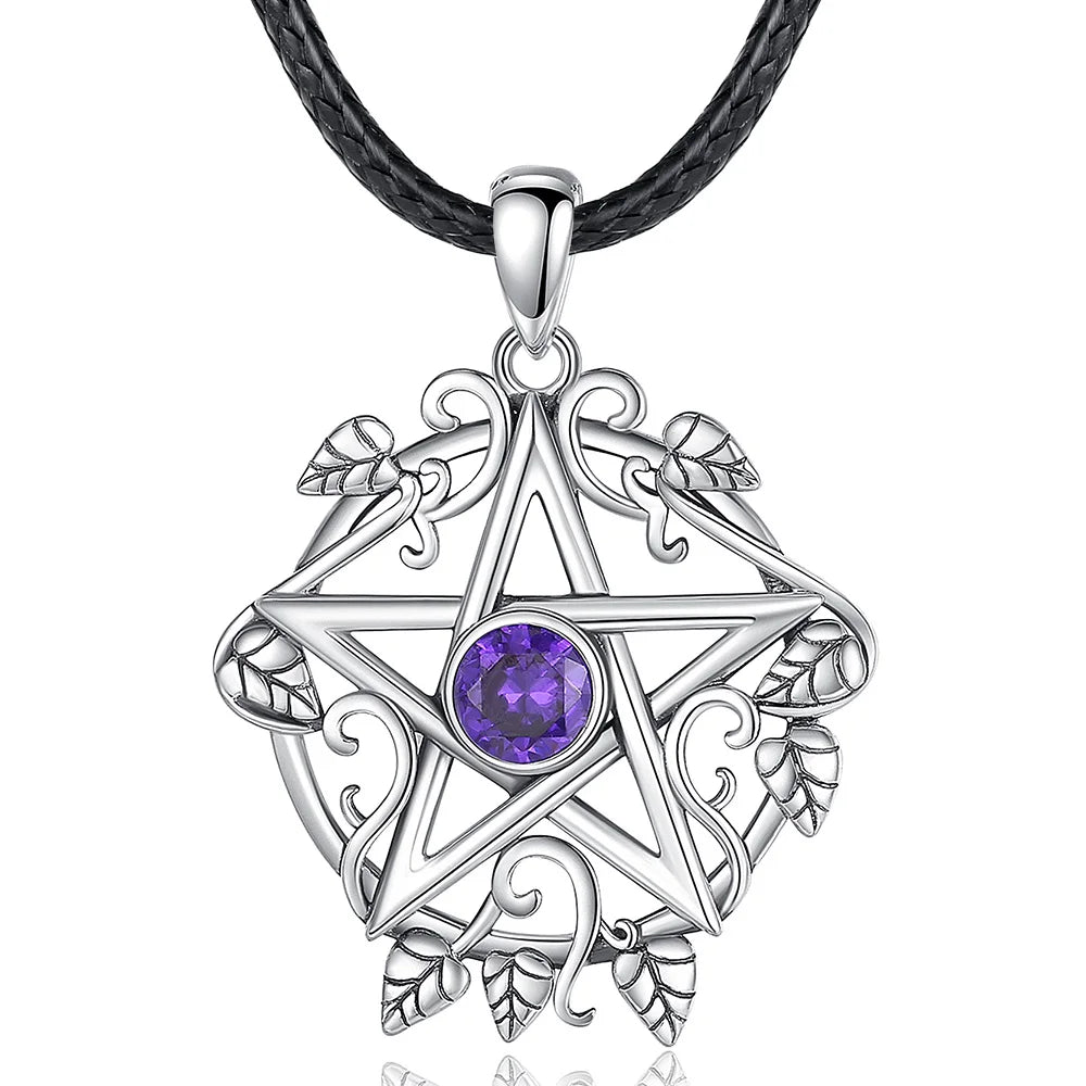 925 Sterling Silver Pentagram Leaf Necklace – Purple Crystal Witch Pendant