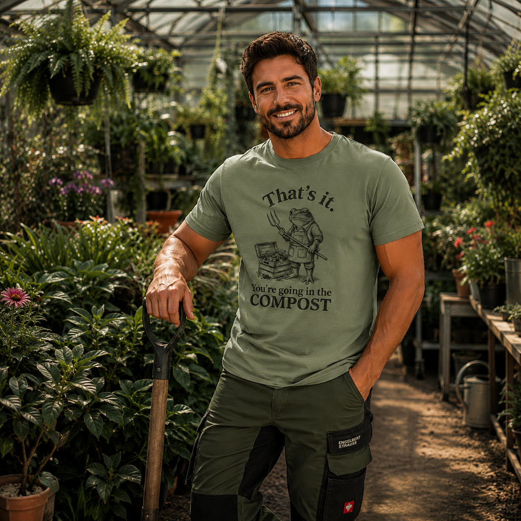 That’s It You’re Going in the Compost T-shirt, frog gardener shirt, funny compost T-shirt, gardening humor shirt, frog with pitchfork tee, compost quote T-shirt, grumpy frog shirt, plant lover graphic tee, gardener frog T-shirt, funny gardening gift, compost lover shirt, vegetable gardener tee, garden humor clothing, allotment gardener gift, botanical frog shirt, quirky gardening T-shirt, green thumb gift, alternative plant lover shirt, heavyweight cotton T-shirt, garment-dyed unisex tee, relaxed fit garden