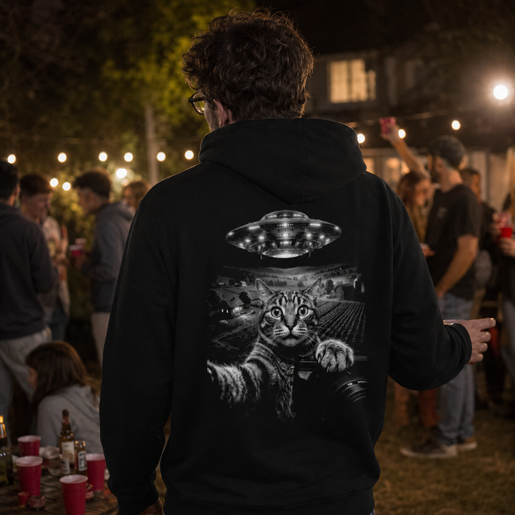 UFO cat hoodie, alien cat hoodie, sci-fi cat graphic hoodie, nerdy party outfit, student party hoodie, garden party streetwear, cosmic cat back print, black gamer hoodie, extraterrestrial cat design, funny space hoodie, astronomy lover gift, alternative nerd fashion, night party outfit, sci-fi streetwear men, cat lover hoodie, UFO graphic sweatshirt, university student hoodie, back print hoodie, space mystery apparel, Merloan sci-fi hoodie