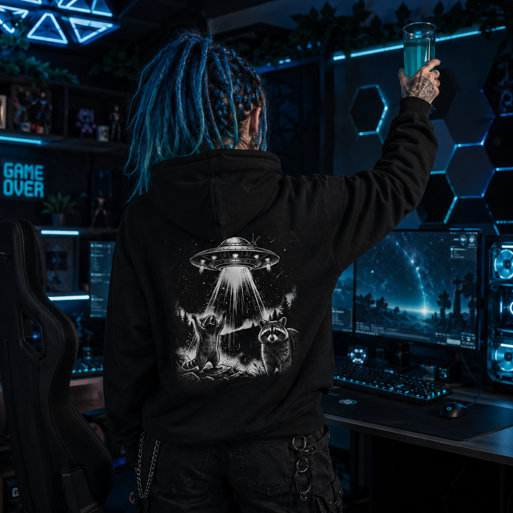 UFO raccoon hoodie, alien raccoon hoodie, gamer girl hoodie, sci-fi back print hoodie, high end gaming room outfit, turquoise gamer aesthetic, blue dreadlocks style, alternative gaming fashion, cosmic raccoon design, spaceship graphic hoodie, nerdy gamer clothing, black gaming hoodie, UFO lover gift, raccoon lover hoodie, futuristic streetwear, PC gaming apparel, sci-fi gamer gift, back print sweatshirt, alternative women’s hoodie, Merloan gamer hoodie