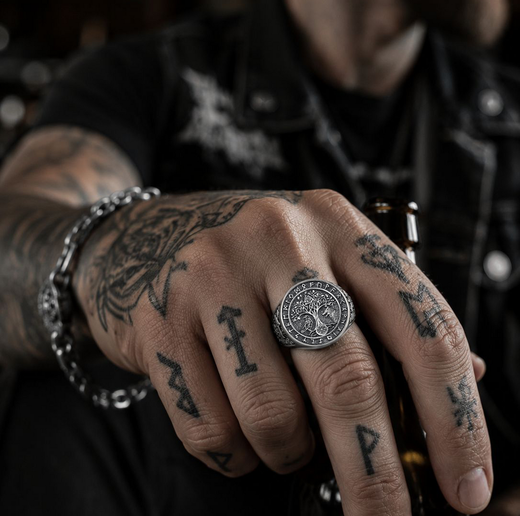 925 Sterling Silver Viking Ring – Yggdrasil, Vegvisir, Raven & Wolf | Adjustable Norse Ring