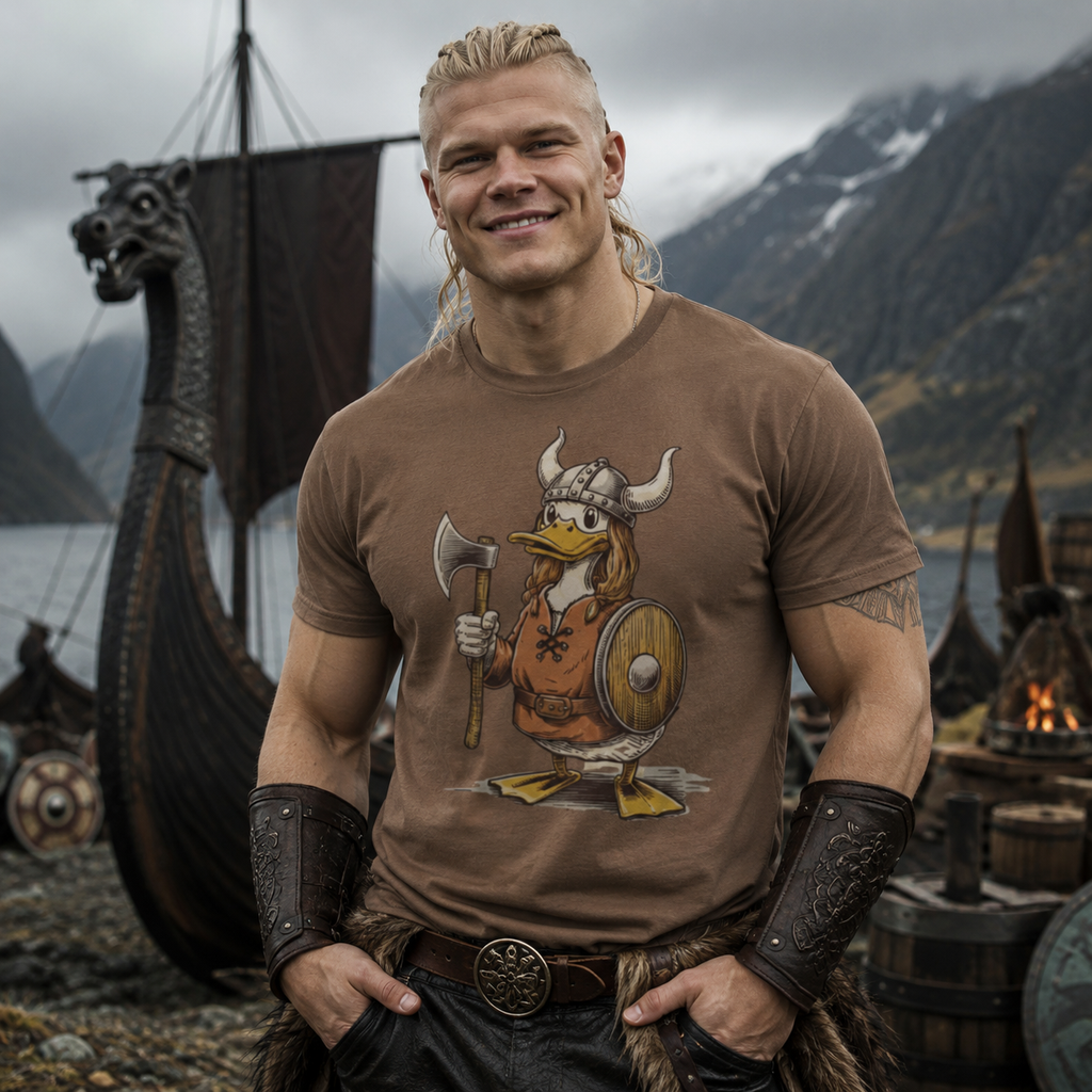 Viking duck t-shirt, funny Viking shirt, duck Viking graphic tee, Viking animal shirt, Norse humor t-shirt, brown graphic tee men, alternative men’s fashion, rock style men’s shirt, Viking inspired outfit, funny Norse t-shirt, duck warrior shirt, quirky Viking apparel, medieval humor shirt, muscular men’s streetwear, Viking festival outfit, Scandinavian mythology parody, black and brown Viking style, unique animal graphic tee, duck lover gift, funny warrior shirt, alternative streetwear men, Haaland