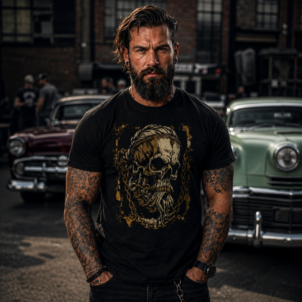 Viking skull t-shirt, Norse warrior shirt, golden skull graphic tee, Viking beard skull design, dark Nordic apparel, biker skull t-shirt, metalhead graphic tee, Norse mythology clothing, vintage car meet outfit, rugged men’s fashion, gothic Viking shirt, alternative biker apparel, skull lover gift, black Viking t-shirt, unisex dark graphic tee