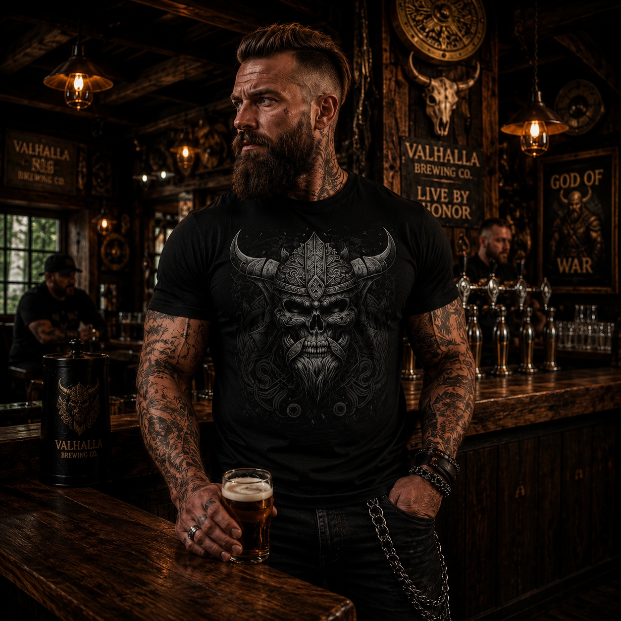Viking skull t-shirt, Norse warrior shirt, horned helmet graphic tee, dark Viking apparel, Nordic skull design, pagan warrior t-shirt, gothic Viking shirt, metalhead graphic tee, Valhalla inspired clothing, black skull t-shirt, alternative men’s fashion, Viking pub outfit, Norse mythology shirt, biker Viking tee, unisex Viking t-shirt