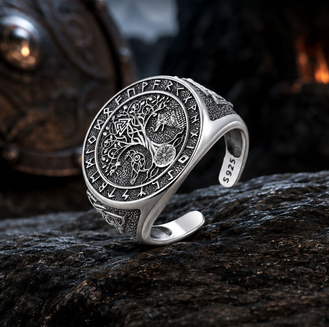 925 Sterling Silver Viking Ring – Yggdrasil, Vegvisir, Raven & Wolf | Adjustable Norse Ring