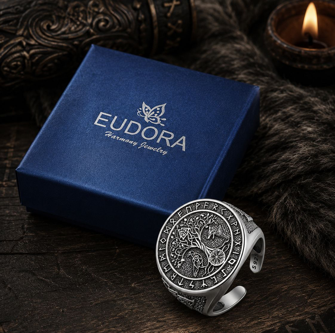 925 Sterling Silver Viking Ring – Yggdrasil, Vegvisir, Raven & Wolf | Adjustable Norse Ring