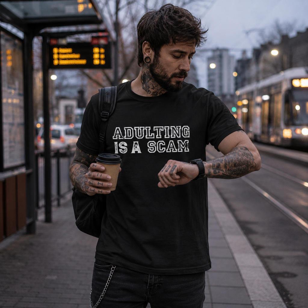 adulting is a scam shirt, funny adulting t-shirt, sarcastic quote tee, stressed adult shirt, millennial humor shirt, office commute outfit, coffee lover t-shirt, alternative hipster clothing, black graphic tee, funny work shirt, everyday struggle shirt, relatable adult humor, public transport outfit, urban streetwear men, busy morning t-shirt, sarcastic slogan shirt, commuter graphic tee, casual alternative fashion, Merloan funny shirt, Merloan adulting shirt