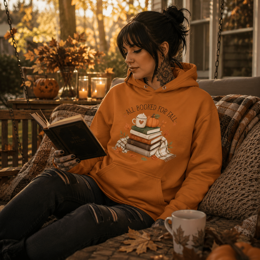 all booked for fall hoodie, autumn book lover hoodie, cozy reading hoodie, fall books and coffee sweatshirt, pumpkin book stack hoodie, bookish autumn outfit, cozy garden reading hoodie, cottagecore fall clothing, autumn reader gift, orange fall hoodie, literary autumn fashion, cozy season sweatshirt, pumpkin spice book lover hoodie, fall terrace outfit, alternative bookish style, women’s autumn hoodie, unisex fall graphic hoodie, warm autumn aesthetic, bookworm gift hoodie, cozy outdoor reading outfit
