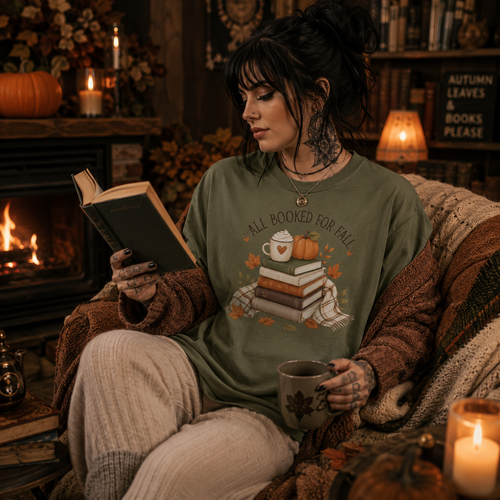 all booked for fall shirt, bookish autumn t-shirt, fall reading shirt, book lover fall tee, autumn reader shirt, cozy bookworm t-shirt, seasonal book shirt, fall graphic tee, reading season shirt, book club autumn tee, cozy fall outfit, pumpkin spice reading shirt, heavyweight cotton t-shirt, garment-dyed tee, relaxed fit bookish shirt