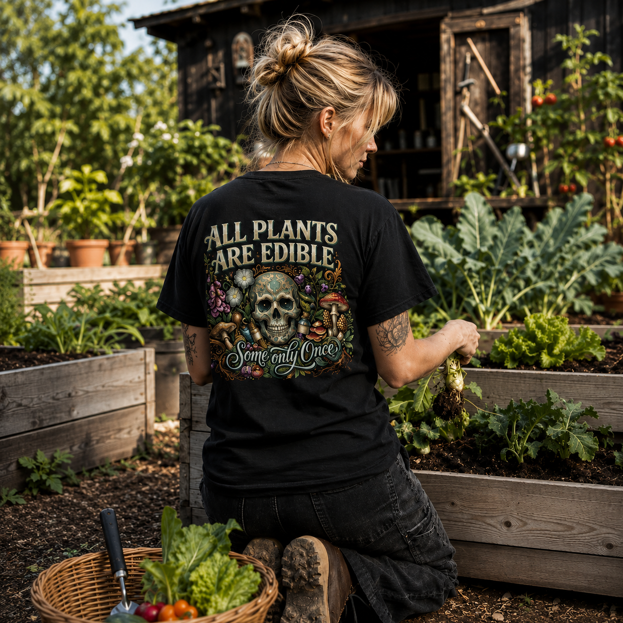 all plants are edible shirt, some only once t-shirt, funny plant shirt, dark botanical humor tee, plant lover t-shirt, gardening humor shirt, poisonous plants shirt, botany joke tee, sarcastic plant shirt, nature graphic tee, houseplant lover shirt, edgy botanical t-shirt, heavyweight cotton t-shirt, garment-dyed tee, relaxed fit plant shirt
