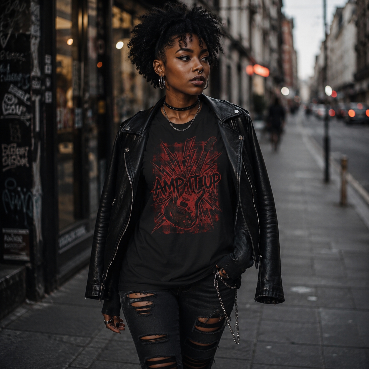 amp it up t-shirt, electric guitar graphic tee, rock music t-shirt, red guitar shirt, alternative women’s fashion, black graphic t-shirt women, punk rock streetwear, leather jacket outfit, grunge city style, rock concert clothing, music lover t-shirt, guitarist gift for women, distressed denim outfit, gothic streetwear women, rock and roll shirt, urban alternative fashion, red and black graphic tee, edgy women’s clothing, rock chick outfit, band style t-shirt, electric guitar artwork, casual punk fashion, c