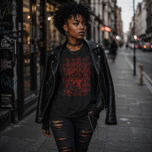 amp it up t-shirt, electric guitar graphic tee, rock music t-shirt, red guitar shirt, alternative women’s fashion, black graphic t-shirt women, punk rock streetwear, leather jacket outfit, grunge city style, rock concert clothing, music lover t-shirt, guitarist gift for women, distressed denim outfit, gothic streetwear women, rock and roll shirt, urban alternative fashion, red and black graphic tee, edgy women’s clothing, rock chick outfit, band style t-shirt, electric guitar artwork, casual punk fashion, c