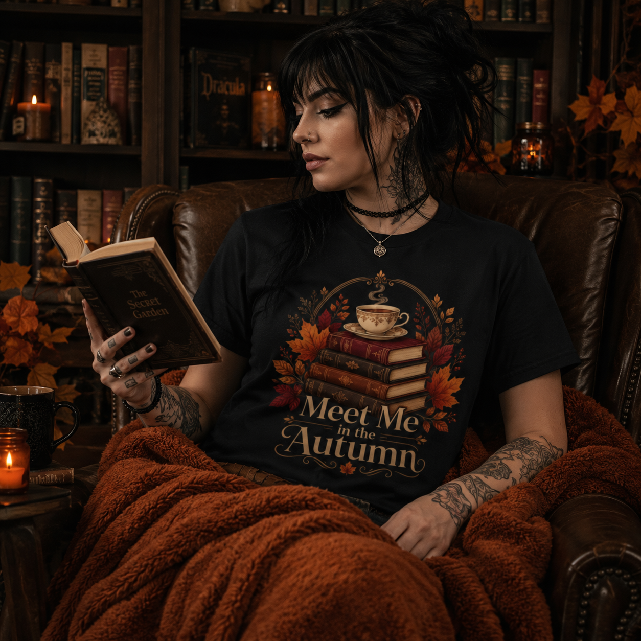 autumn book lover t-shirt, meet me in the autumn shirt, cozy reading graphic tee, fall books and coffee shirt, bookish autumn outfit, dark academia fall tee, cozy library aesthetic, autumn reader gift, vintage book stack shirt, tea and books t-shirt, alternative book lover fashion, gothic cozy reading shirt, fall foliage graphic tee, literary autumn clothing, bookworm gift for women, cozy season t-shirt, black autumn graphic shirt, cottagecore bookish tee, seasonal reader shirt, warm fall aesthetic clothing