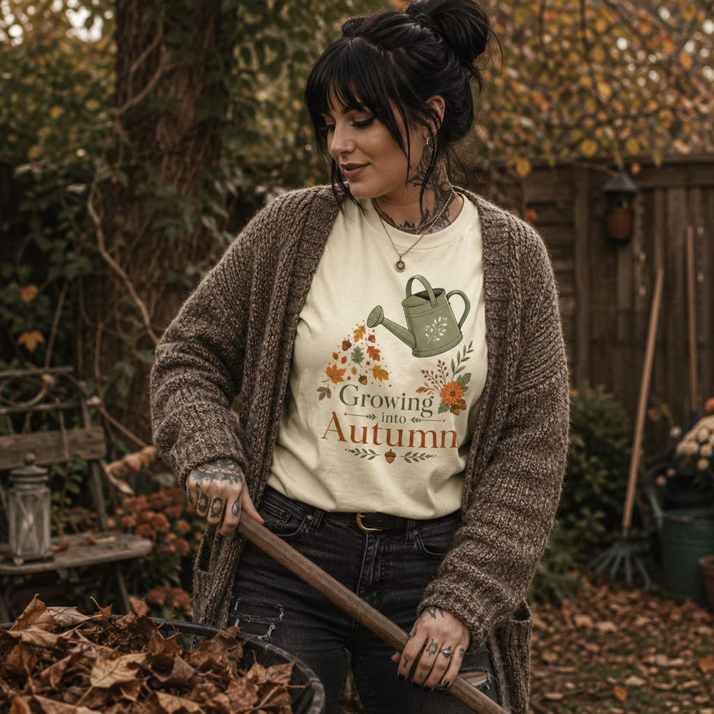 autumn gardening t-shirt, growing into autumn shirt, fall garden graphic tee, cozy autumn t-shirt, watering can shirt, botanical fall clothing, leaf raking outfit, gardener gift for women, cottagecore autumn tee, seasonal garden shirt, alternative fall fashion, cozy garden aesthetic, floral autumn graphic tee, fall plant lover shirt, vintage botanical t-shirt, pumpkin season outfit, earthy autumn clothing, unisex fall graphic tee, garden lover gift, harvest season shirt