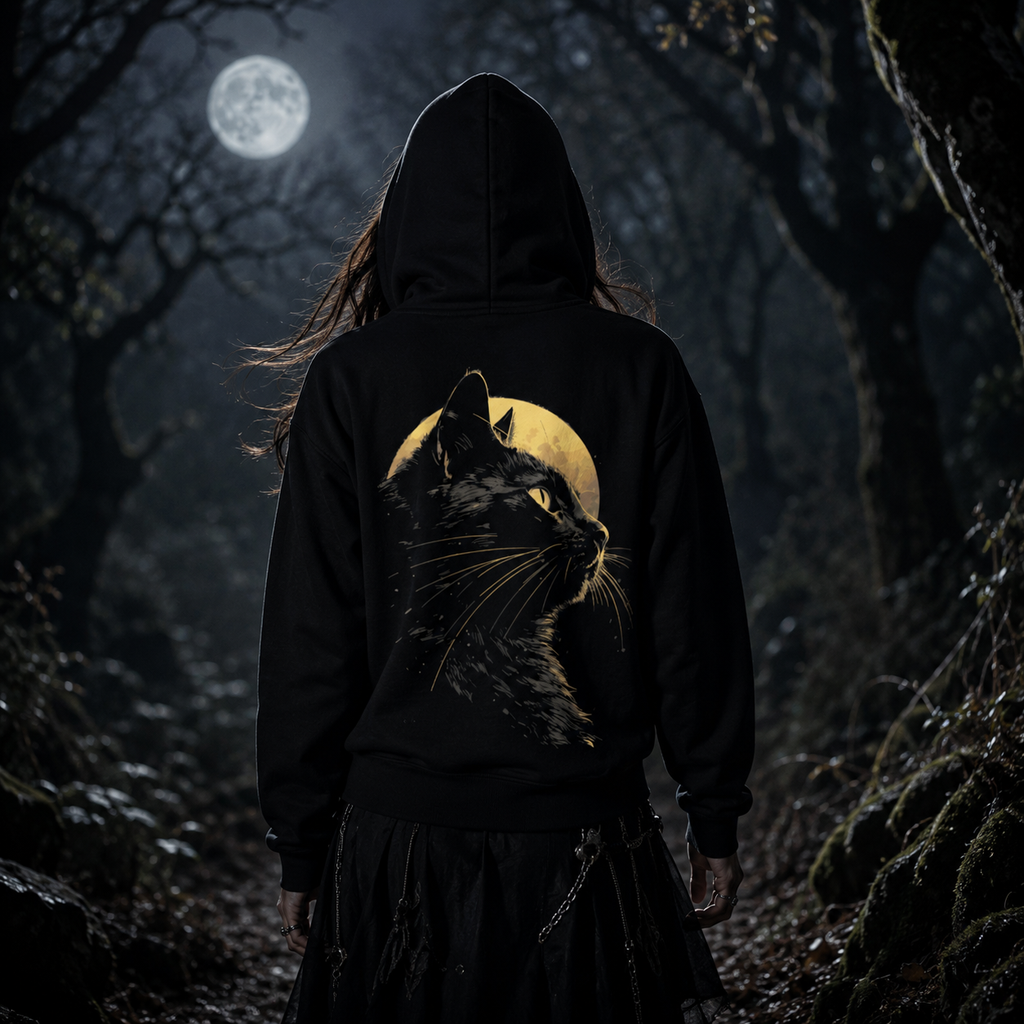 black cat moon hoodie, witchy cat hoodie, full moon graphic hoodie, mystical forest hoodie, celestial cat sweatshirt, gothic witchcraft clothing, black cat lover gift, moonlit forest outfit, magical woodland hoodie, occult inspired apparel, witchy back print hoodie, hooded gothic sweatshirt, mysterious cat graphic, alternative women’s hoodie, pagan aesthetic clothing, nighttime forest fashion, full moon witch style, black back print hoodie, mystical cat apparel, Merloan witchy hoodie