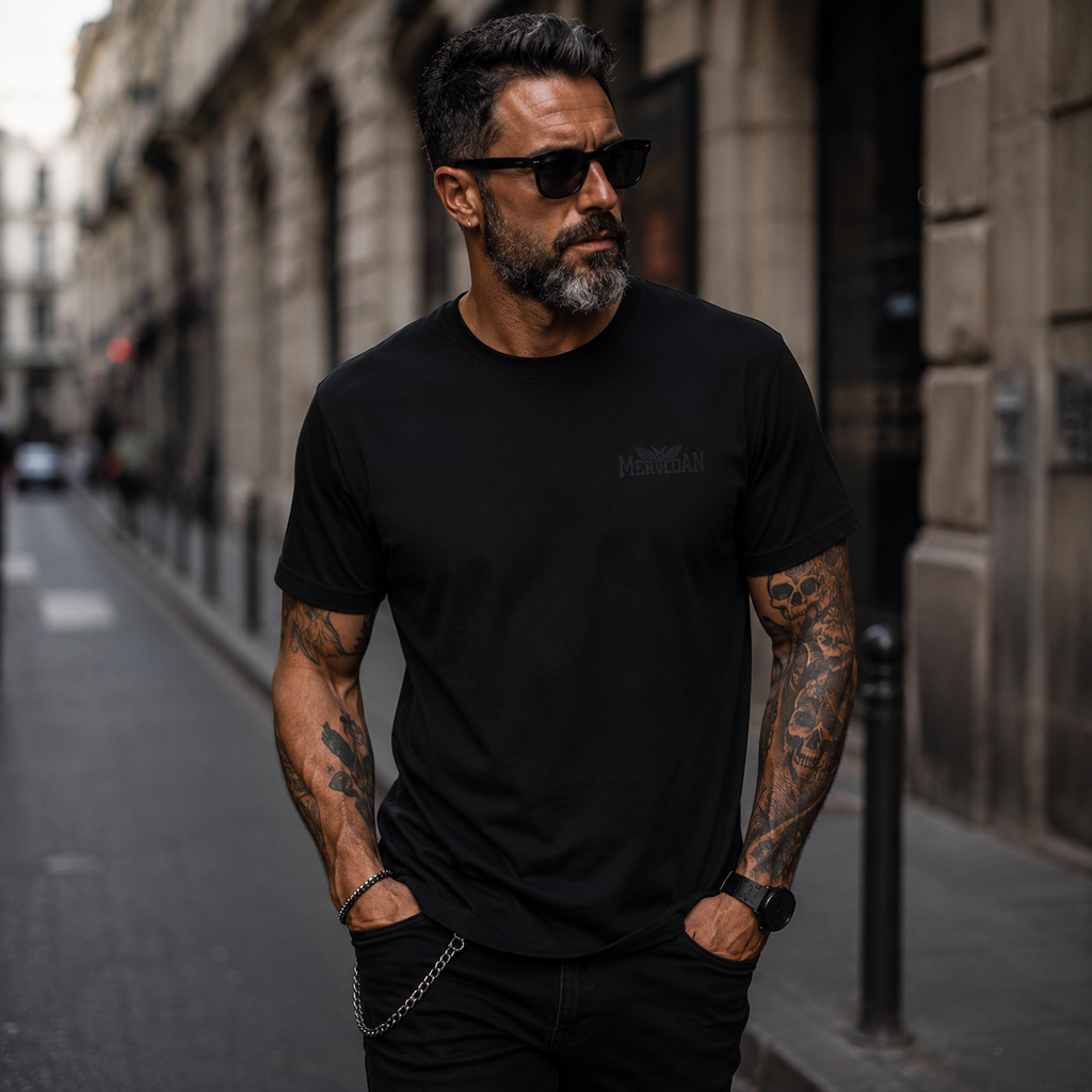 black embroidered t-shirt, tonal logo t-shirt, black on black embroidery, Merloan basic t-shirt, minimalist black tee, premium men’s t-shirt, subtle chest logo shirt, alternative men’s fashion, rock style t-shirt, gothic basic tee, urban streetwear men, black logo shirt, embroidered chest logo, monochrome streetwear, alternative city style, casual rock outfit, premium black shirt, men’s everyday t-shirt, dark fashion basics, minimalist streetwear, unisex black t-shirt, rock inspired clothing, understated lo
