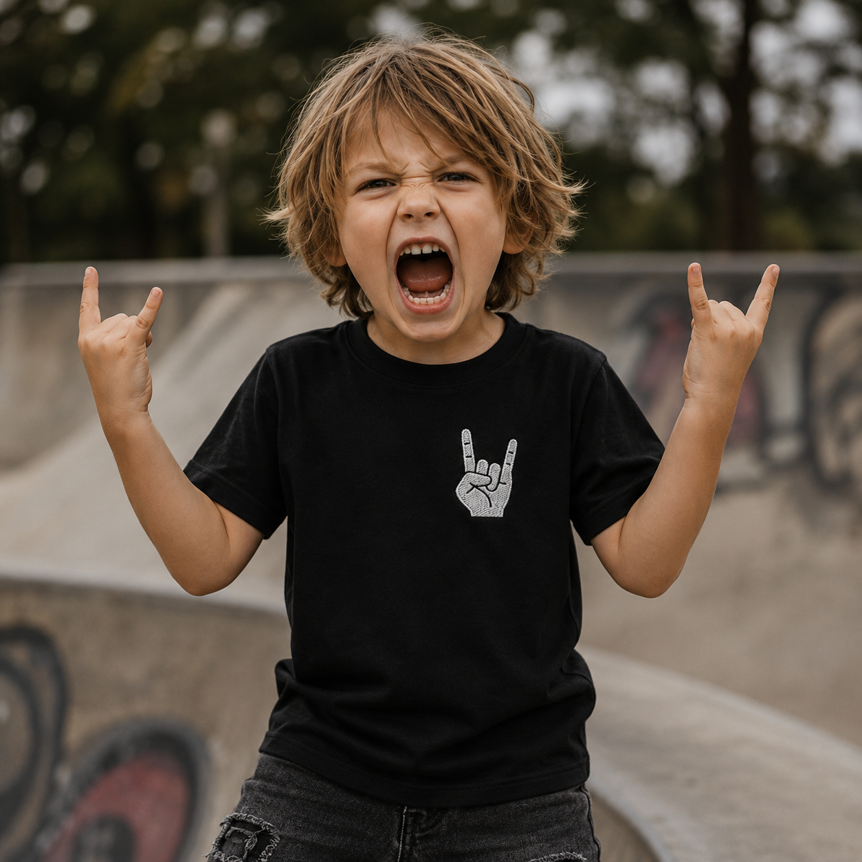 black kids t-shirt, embroidered kids shirt, rock hand t-shirt, devil horns shirt, rock and roll kids clothing, little rocker t-shirt, metal kids shirt, punk kids clothing, alternative kids fashion, embroidered rock symbol, hand gesture embroidery, small chest embroidery, black embroidered t-shirt, boys rock shirt, girls rock shirt, unisex kids t-shirt, cool kids clothing, edgy children’s fashion, wild child outfit, mini metalhead shirt, little rebel clothing, rock music kids shirt, heavy metal kids clothing