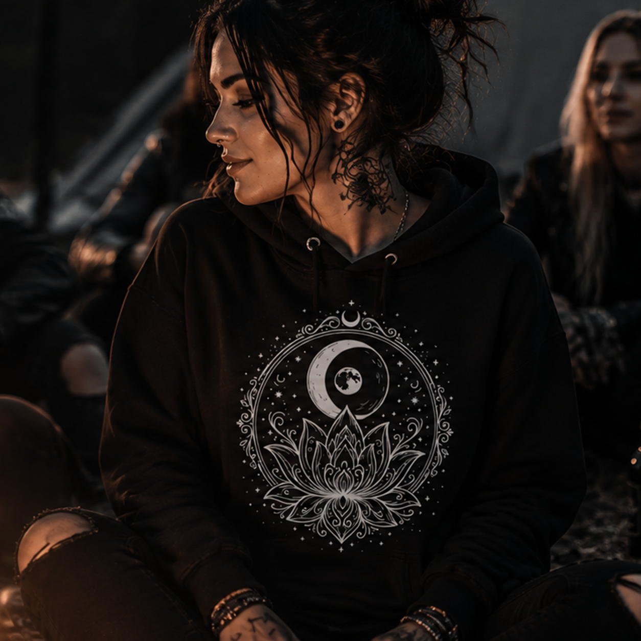 moon water lily hoodie, mystical floral hoodie, witchy hoodie, magical moon hoodie, water lily sweatshirt, botanical gothic hoodie, pagan witch hoodie, moon flower design, mystic nature hoodie, cozy witchcore hoodie, dark botanical clothing, magical floral streetwear, pouch pocket hoodie, classic streetwear hoodie, Merloan witchy hoodie