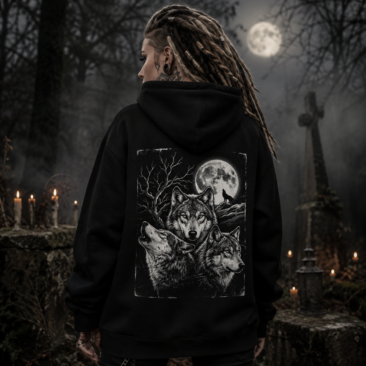 wolf moon hoodie, three headed wolf hoodie, werewolf hoodie, wolf tree design, gothic wolf sweatshirt, fantasy wolf hoodie, dark forest hoodie, moon wolf graphic hoodie, alternative streetwear hoodie, pagan wolf clothing, mystical wolf hoodie, werewolf lover gift, gothic streetwear, cozy pouch pocket hoodie, Merloan wolf hoodie